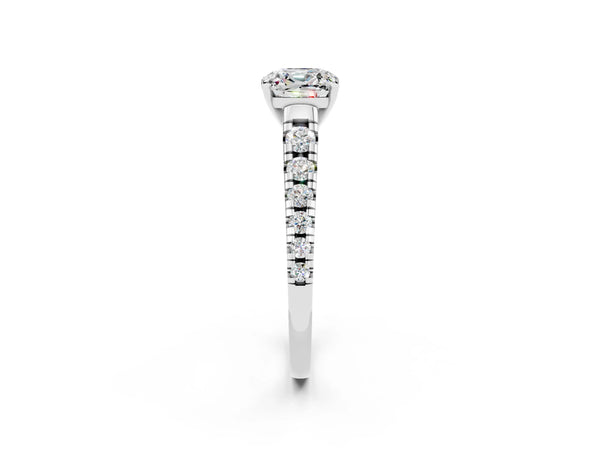 White gold Cushion Cut Moissanite Cathedral Solitaire Ring with Round  Pavé Band