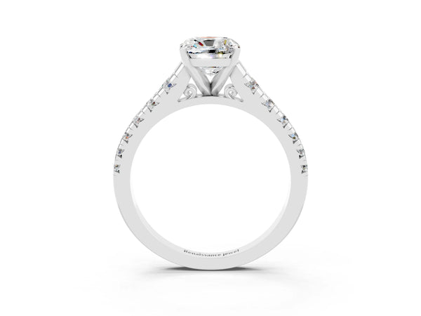 Platinum Cushion Cut Moissanite Cathedral Solitaire Ring with Round  Pavé Band