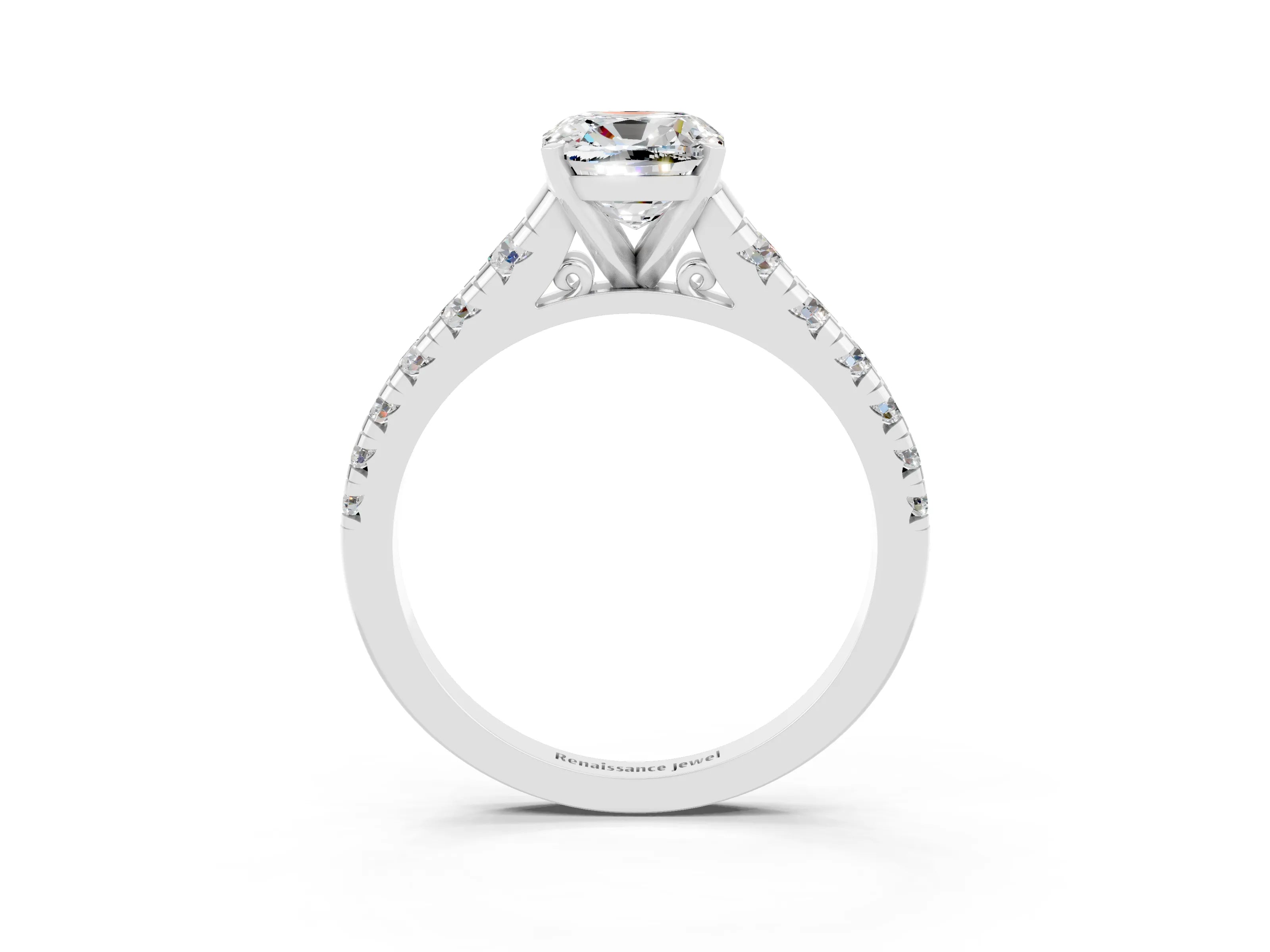 White gold Cushion Cut Moissanite Solitaire Ring with Cathedral Setting and Pavé Band_3
