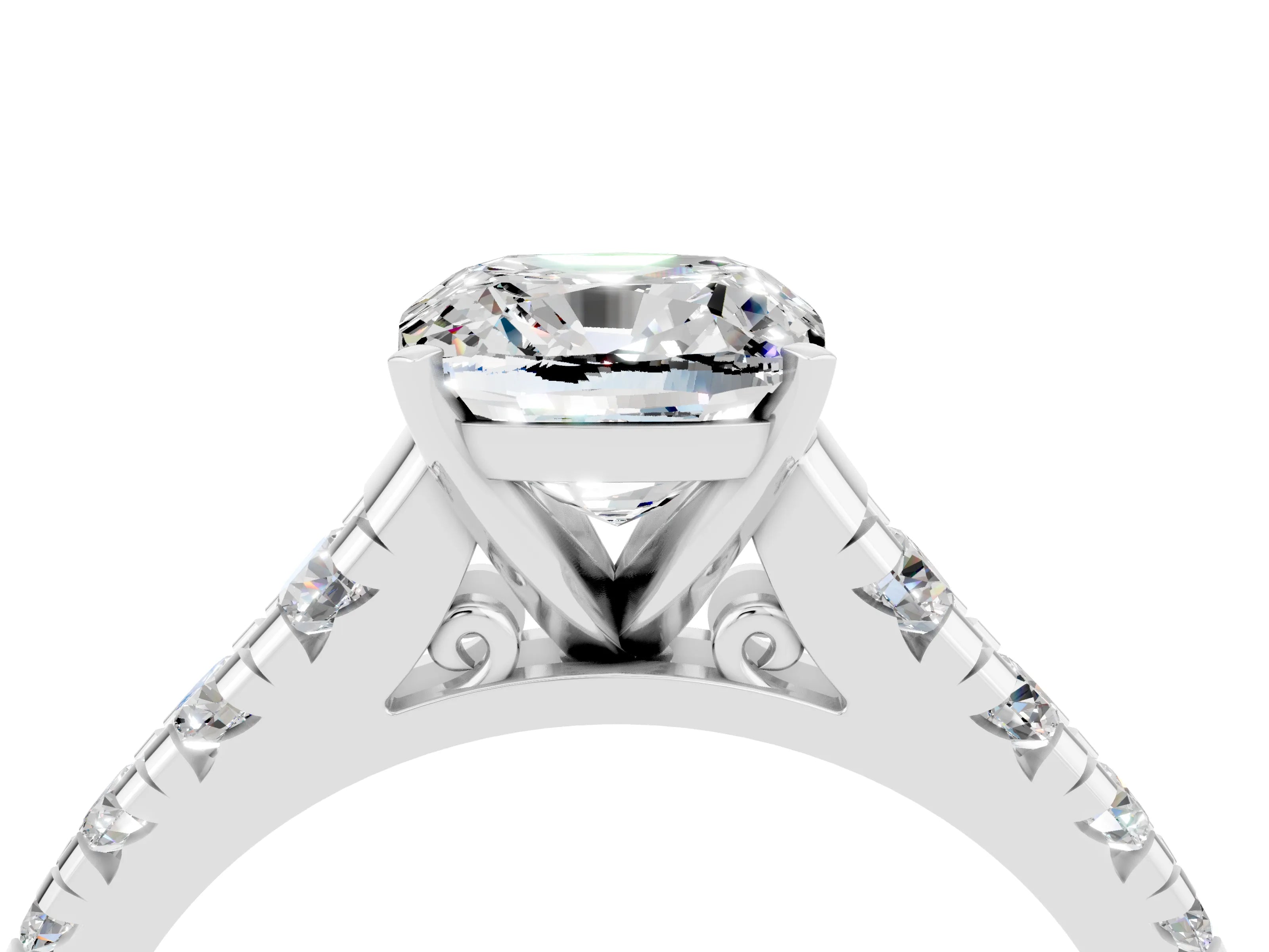 White gold Cushion Cut Moissanite Solitaire Ring with Cathedral Setting and Pavé Band_4