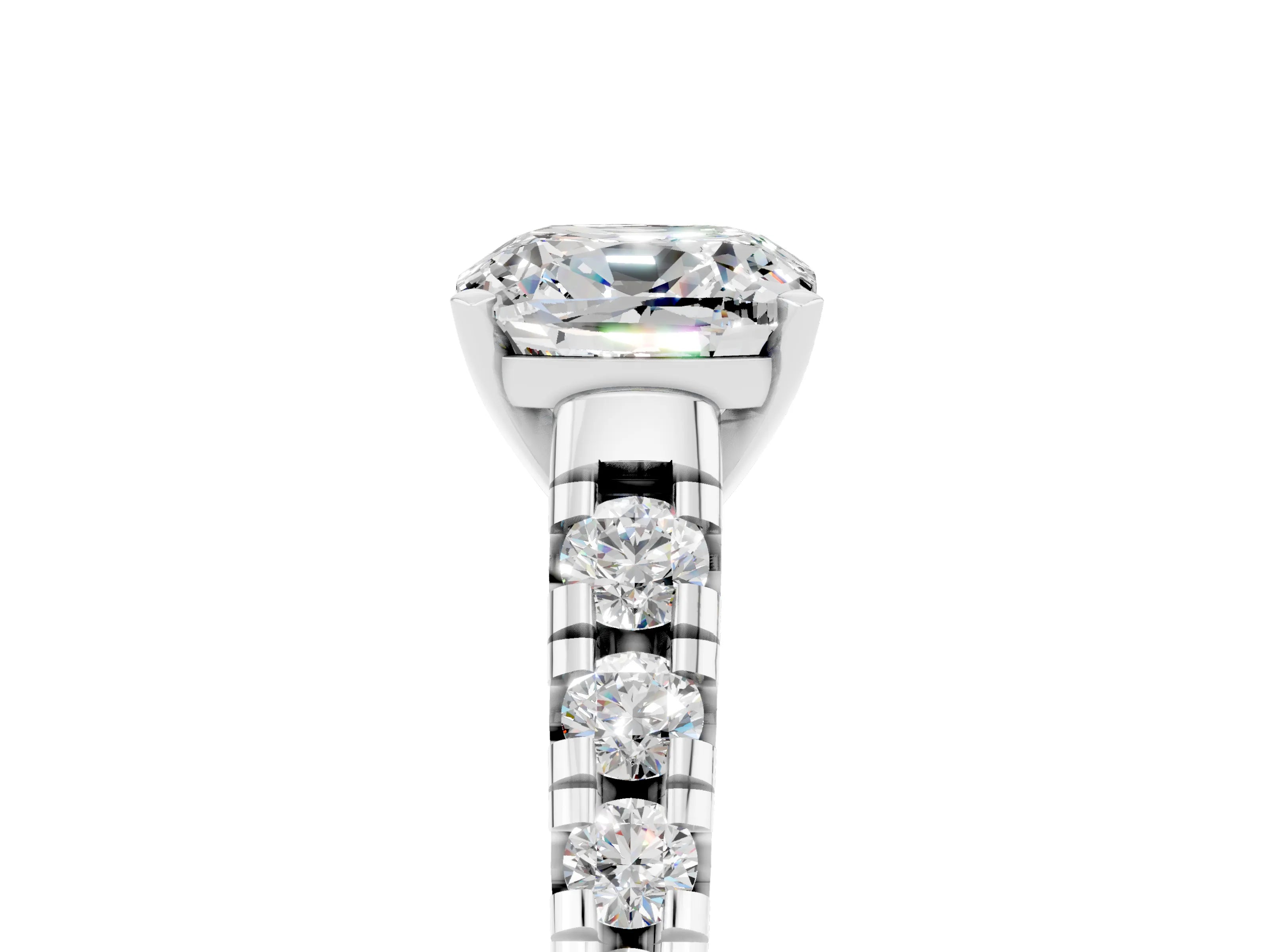 White gold Cushion Cut Moissanite Solitaire Ring with Cathedral Setting and Pavé Band_5