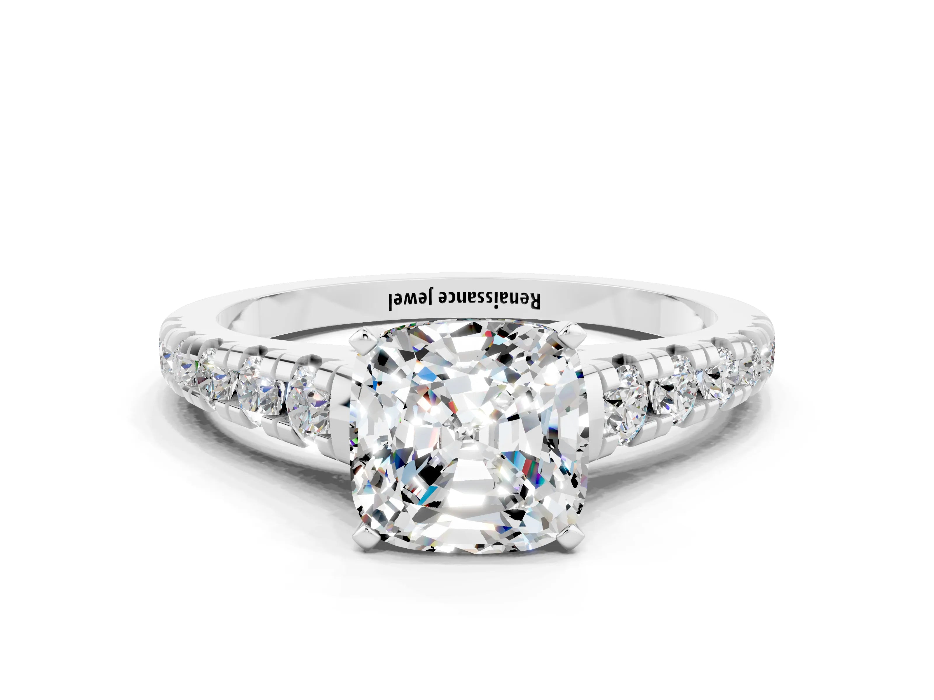 White gold Cushion Cut Moissanite Solitaire Ring with Cathedral Setting and Pavé Band
