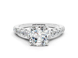 White gold Cushion Cut Moissanite Solitaire Ring with Cathedral Setting and Pavé Band
