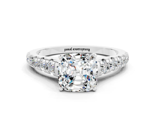 Silver Cushion Cut Moissanite Cathedral Solitaire Ring with Round  Pavé Band