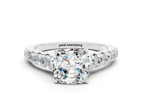 White gold Cushion Cut Moissanite Solitaire Ring with Cathedral Setting and Pavé Band