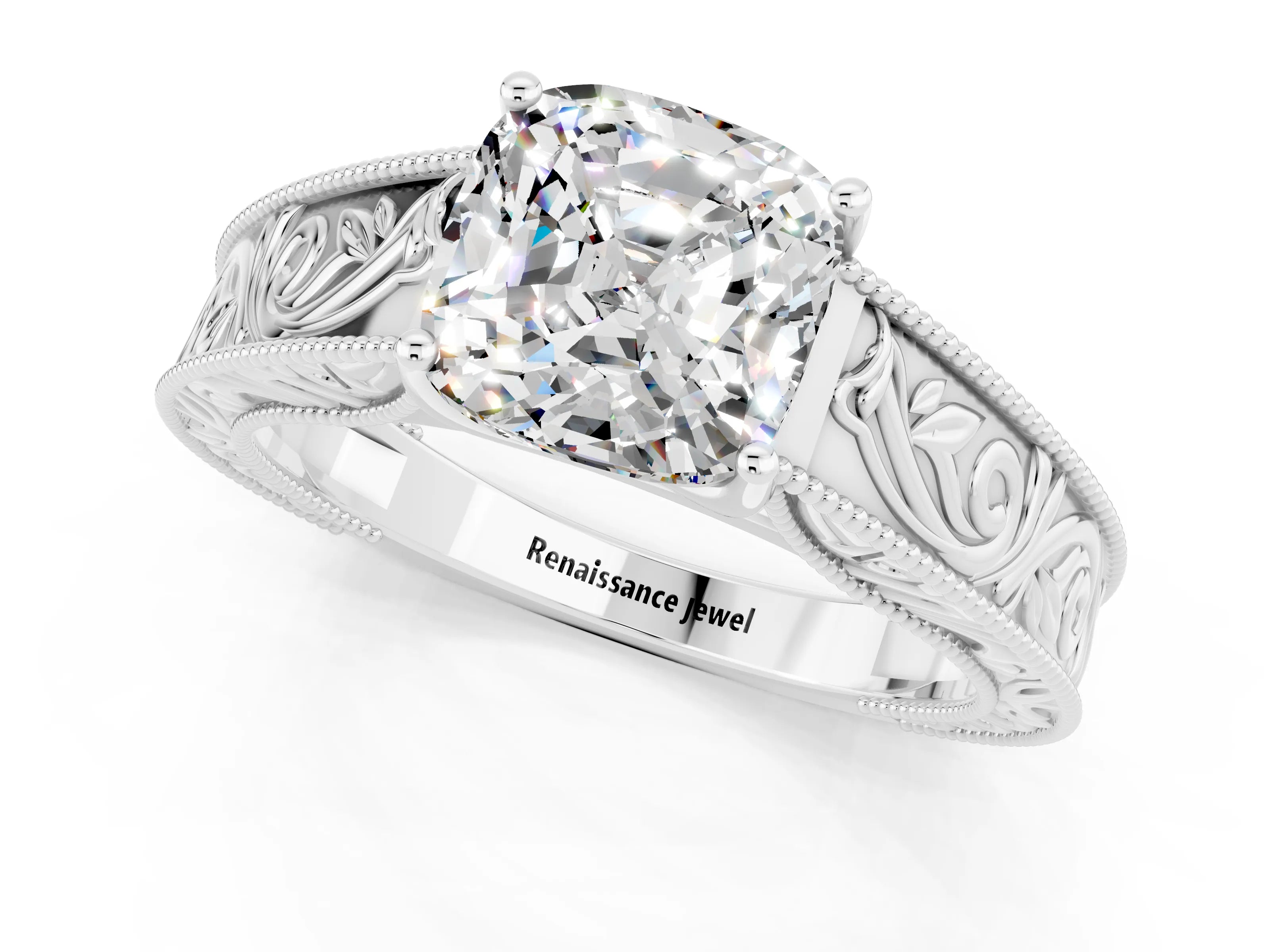 White gold Cushion Cut Moissanite Solitaire Ring with Engraved Band and Four-Prong Setting_1