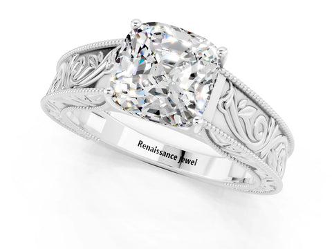 White gold Cushion Cut Moissanite Solitaire Ring with Engraved Band and Four-Prong Setting_1