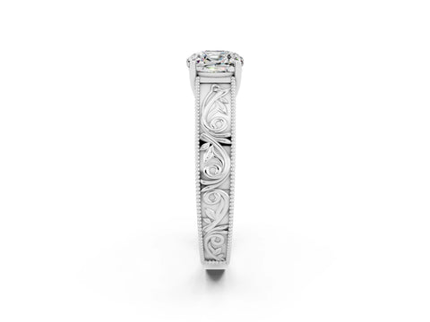 White gold Cushion Cut Moissanite Solitaire Ring with Engraved Band and Four-Prong Setting_2