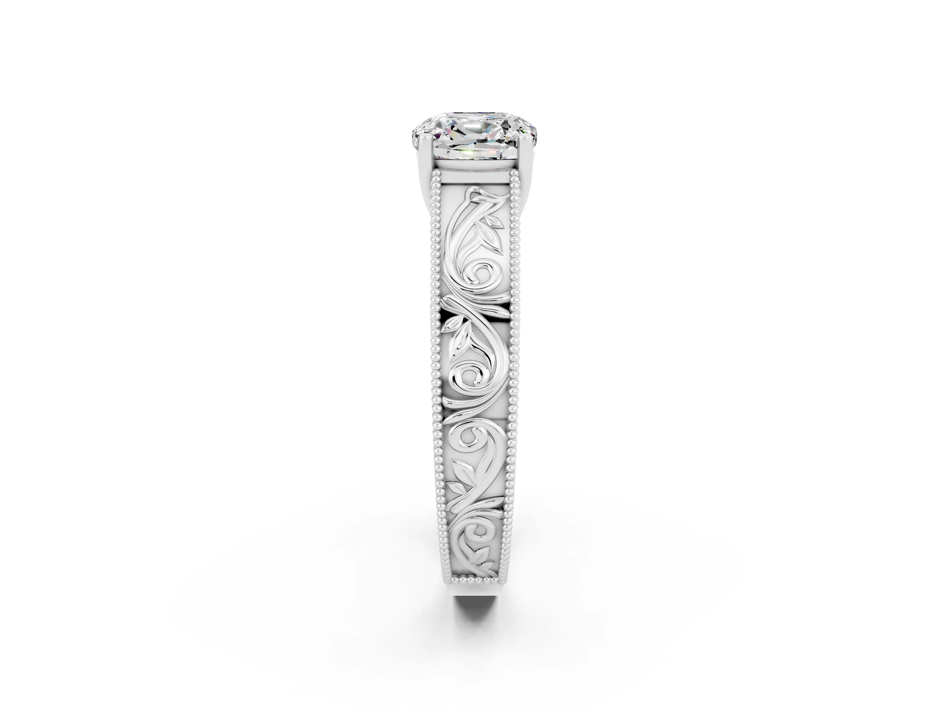 White gold Cushion Cut Moissanite Solitaire Ring with Engraved Band and Four-Prong Setting_2