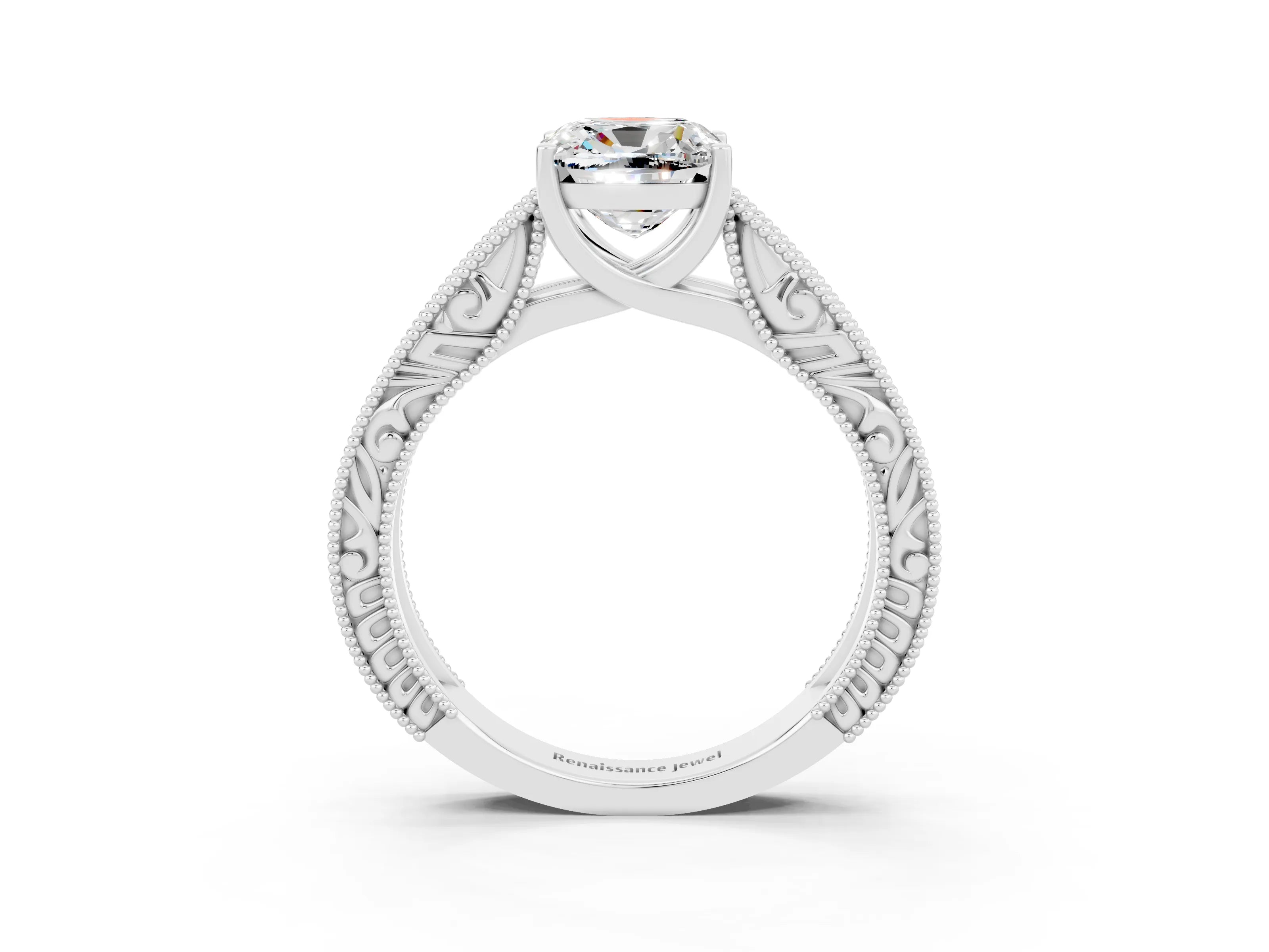 White gold Cushion Cut Moissanite Solitaire Ring with Engraved Band and Four-Prong Setting_3