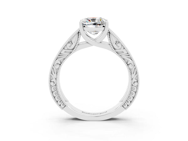 Silver Cushion Cut Moissanite Solitaire Ring with Engraved Band and Four-Prong Setting