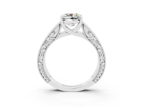 White gold Cushion Cut Moissanite Solitaire Ring with Engraved Band and Four-Prong Setting_3