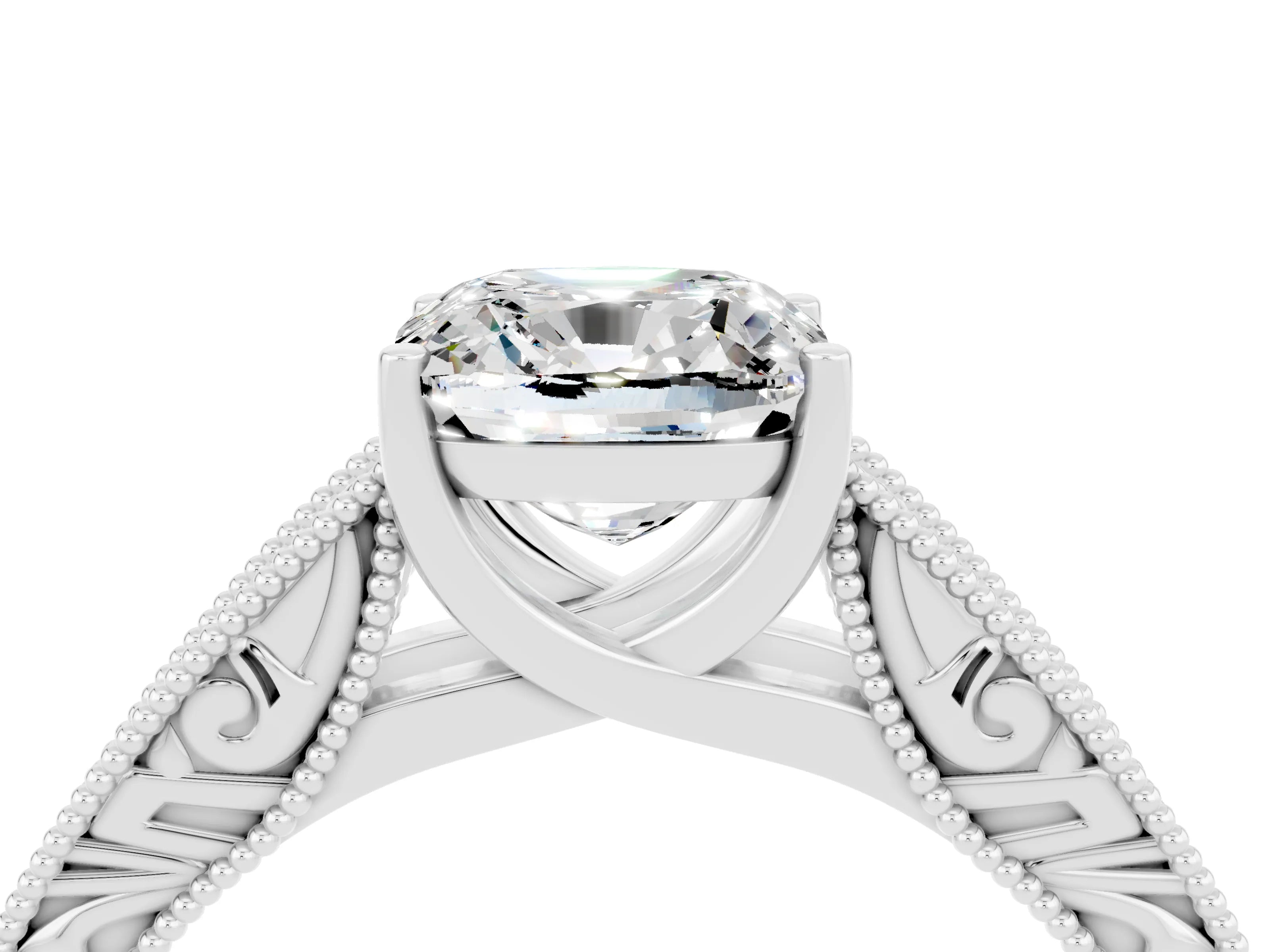 White gold Cushion Cut Moissanite Solitaire Ring with Engraved Band and Four-Prong Setting_4