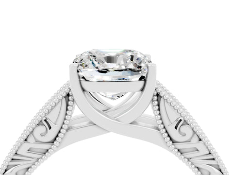 White gold Cushion Cut Moissanite Solitaire Ring with Engraved Band and Four-Prong Setting_4