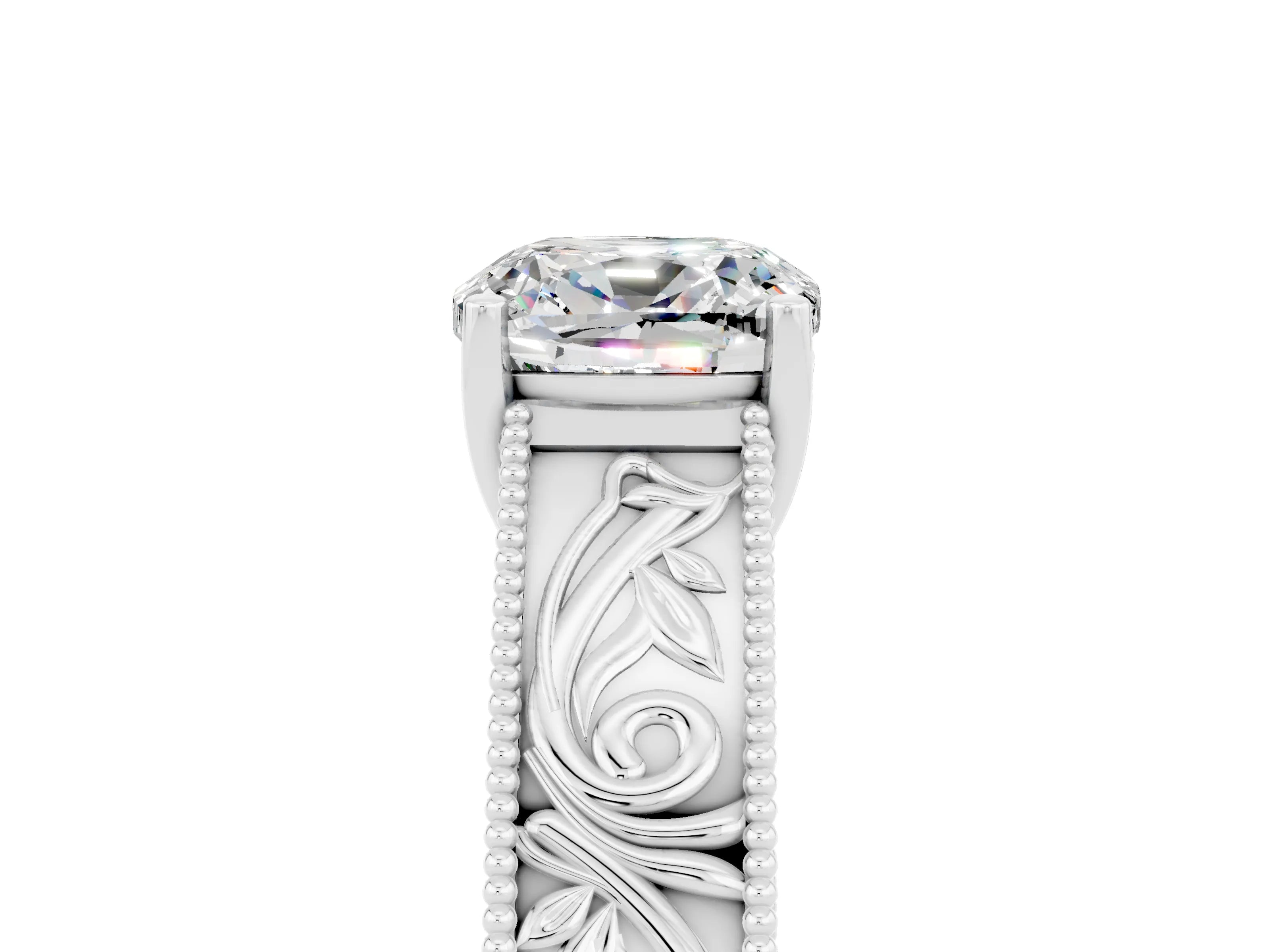 White gold Cushion Cut Moissanite Solitaire Ring with Engraved Band and Four-Prong Setting_5