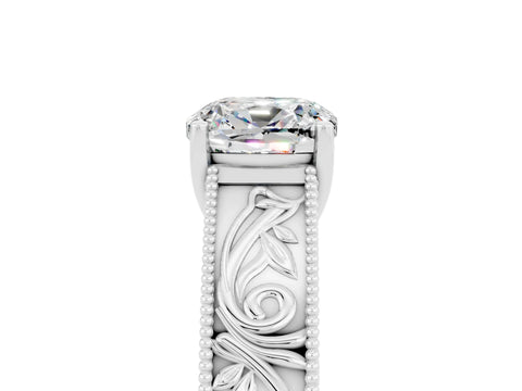 White gold Cushion Cut Moissanite Solitaire Ring with Engraved Band and Four-Prong Setting_5