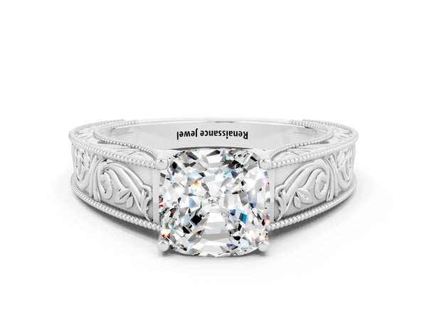 Silver Cushion Cut Moissanite Solitaire Ring with Engraved Band and Four-Prong Setting