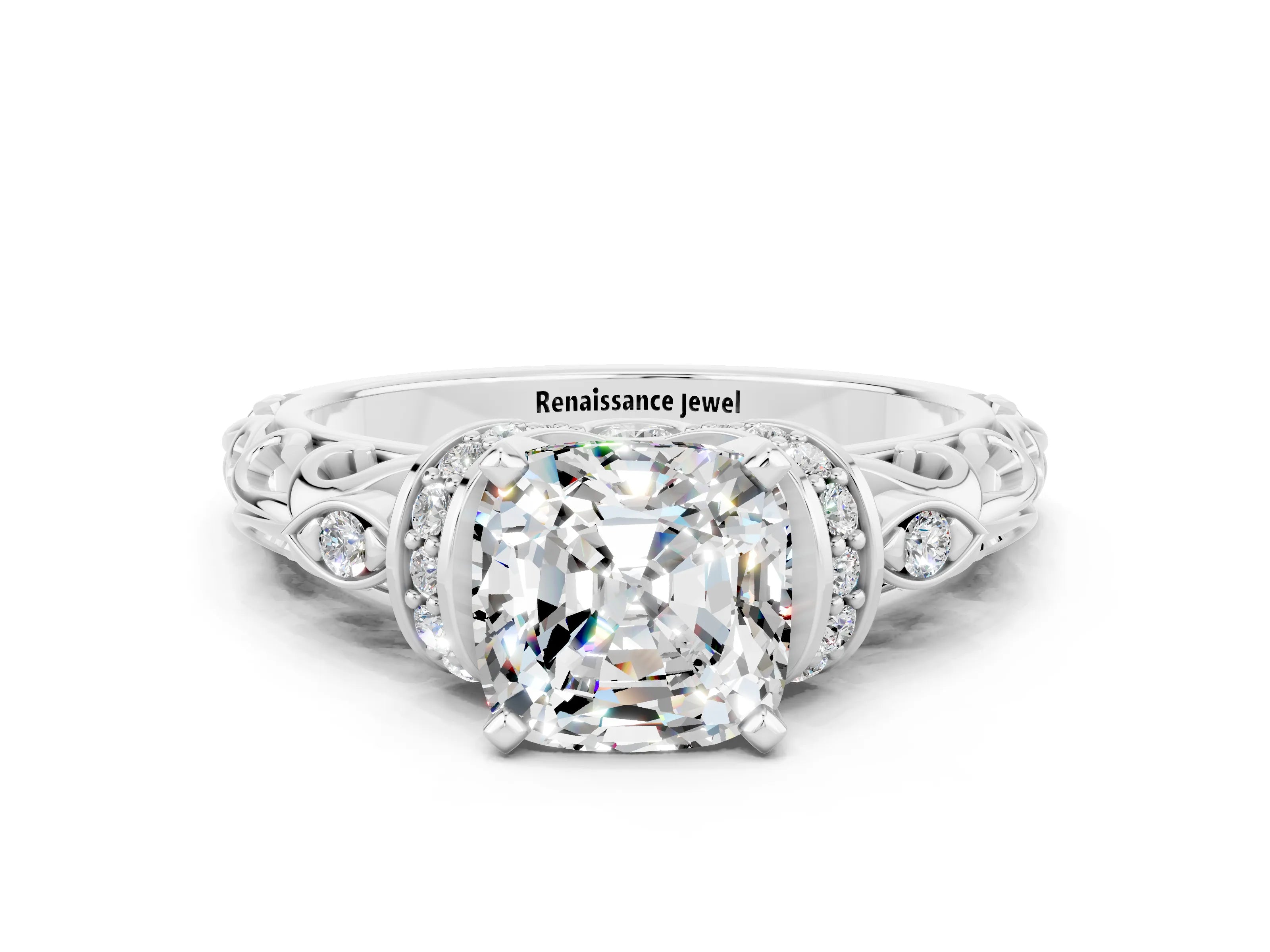 White gold Cushion Cut Moissanite Solitaire Ring with Filigree Band and Four-Prong Setting_24