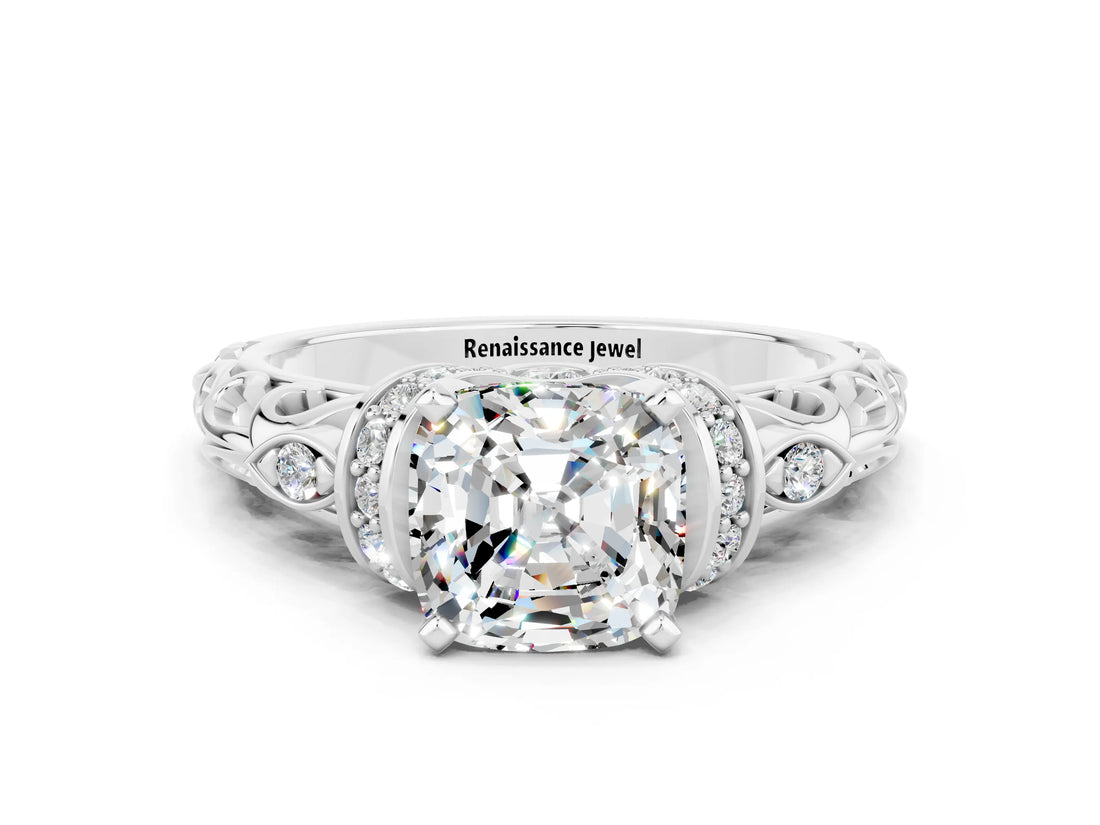 White gold Cushion Cut Moissanite Solitaire Ring with Filigree Band and Four-Prong Setting_24