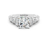 White gold Cushion Cut Moissanite Solitaire Ring with Filigree Band and Four-Prong Setting_24