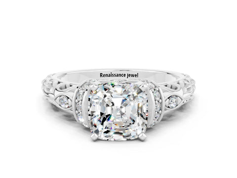 White gold Cushion Cut Moissanite Solitaire Ring with Filigree Band and Four-Prong Setting_24
