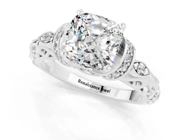 Platinum Cushion Cut Moissanite Solitaire Ring with Filigree Band and Four-Prong Setting