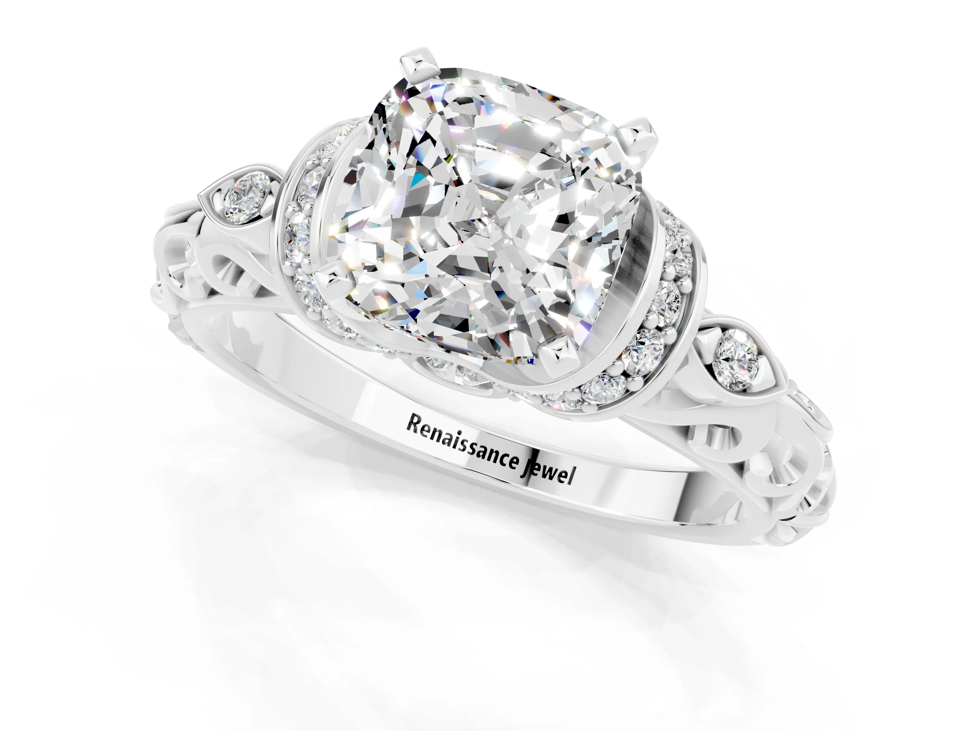 White gold Cushion Cut Moissanite Solitaire Ring with Filigree Band and Four-Prong Setting_25