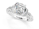 White gold Cushion Cut Moissanite Solitaire Ring with Filigree Band and Four-Prong Setting_25