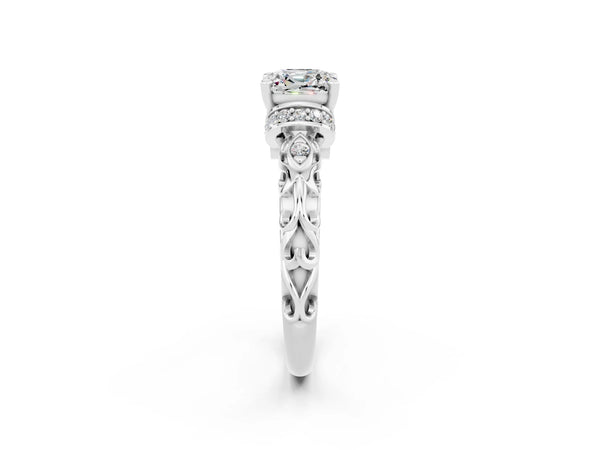 Silver Cushion Cut Moissanite Solitaire Ring with Filigree Band and Four-Prong Setting