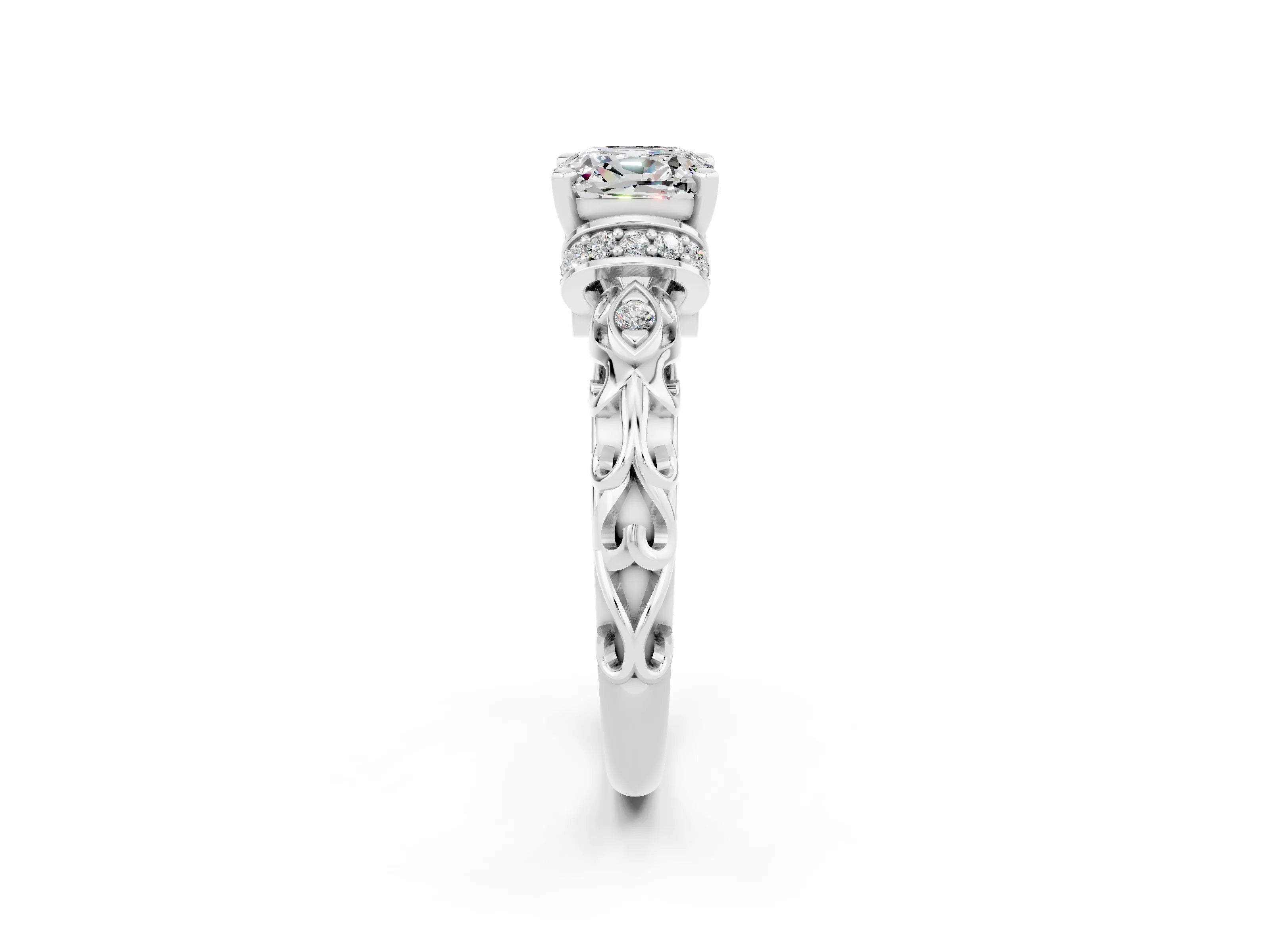 White gold Cushion Cut Moissanite Solitaire Ring with Filigree Band and Four-Prong Setting_26