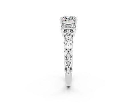 White gold Cushion Cut Moissanite Solitaire Ring with Filigree Band and Four-Prong Setting_26