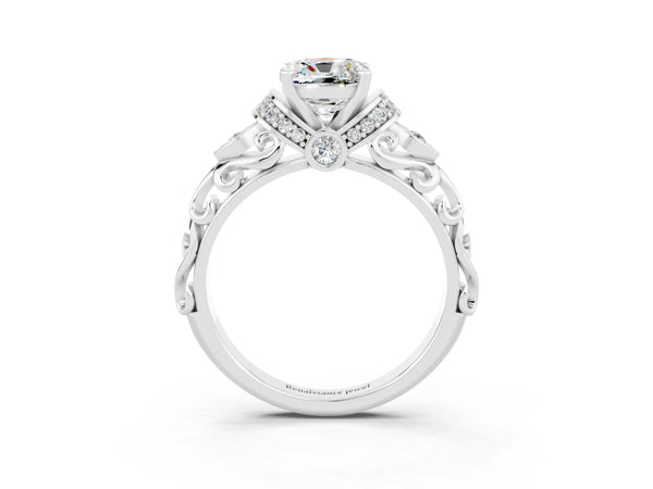 Platinum Cushion Cut Moissanite Solitaire Ring with Filigree Band and Four-Prong Setting