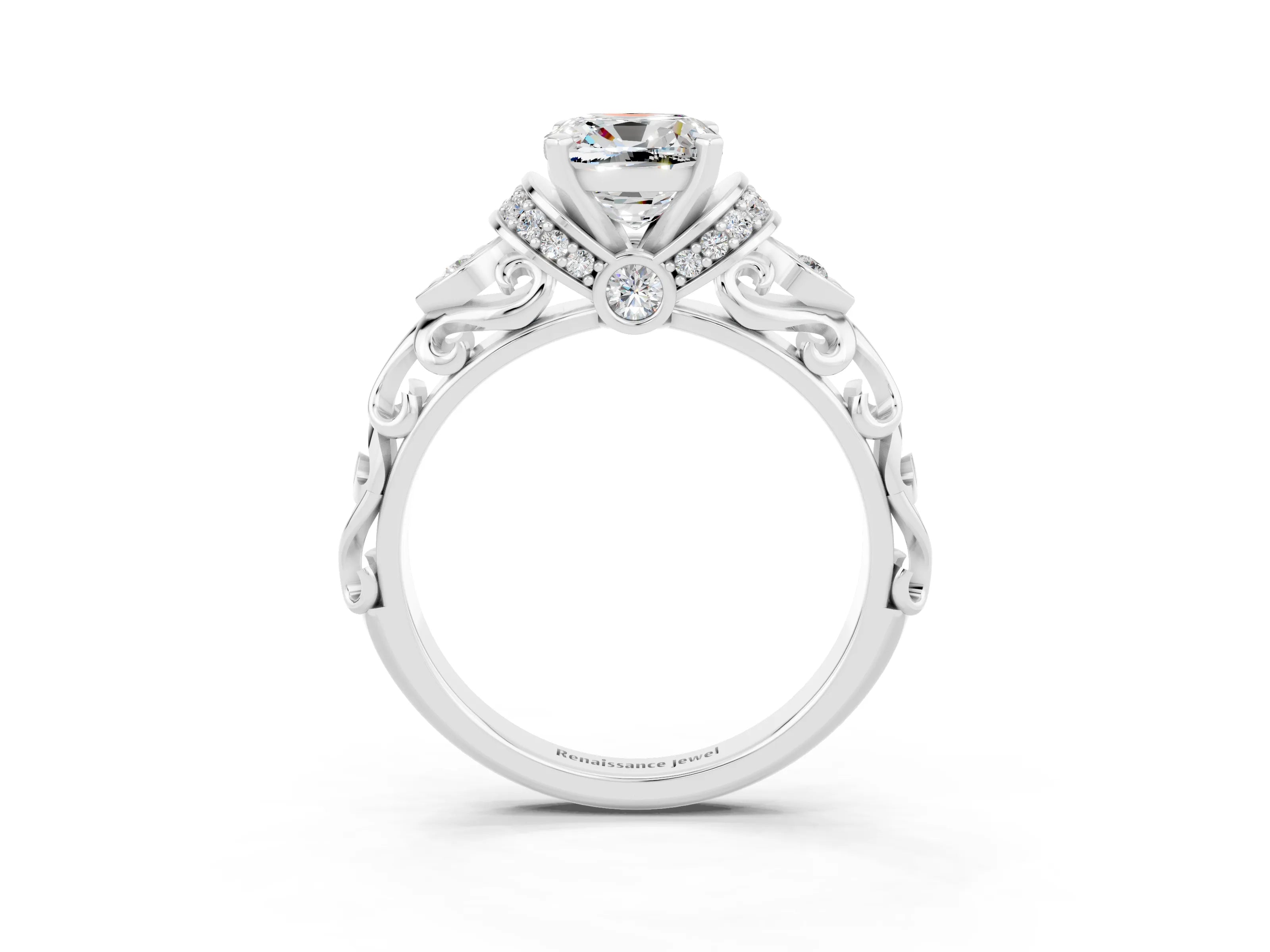 White gold Cushion Cut Moissanite Solitaire Ring with Filigree Band and Four-Prong Setting_27
