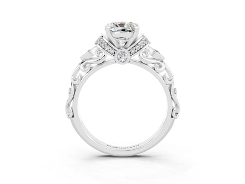 White gold Cushion Cut Moissanite Solitaire Ring with Filigree Band and Four-Prong Setting_27
