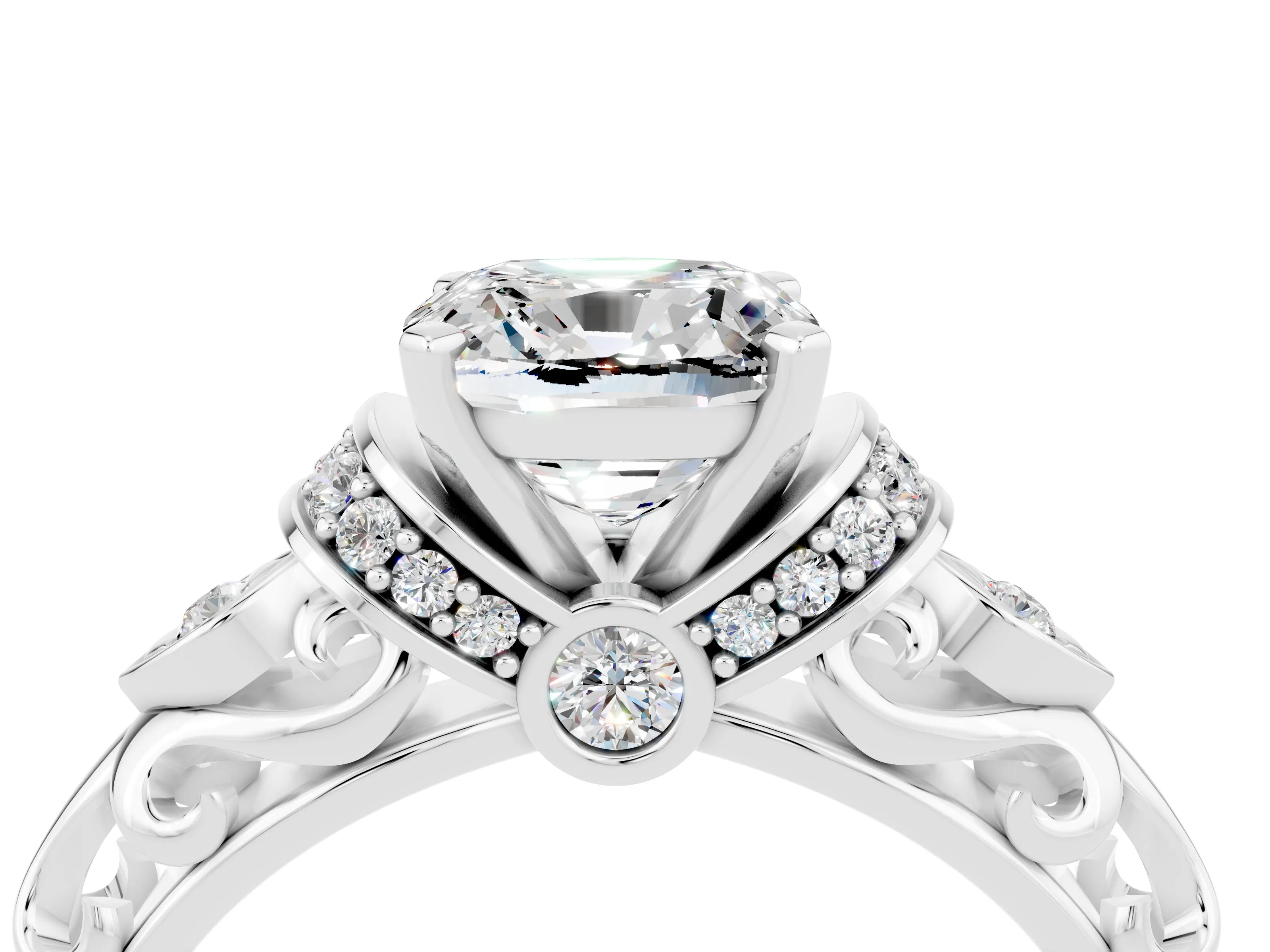 White gold Cushion Cut Moissanite Solitaire Ring with Filigree Band and Four-Prong Setting_28
