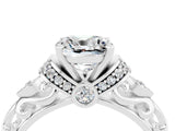 White gold Cushion Cut Moissanite Solitaire Ring with Filigree Band and Four-Prong Setting_28