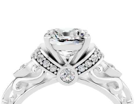 White gold Cushion Cut Moissanite Solitaire Ring with Filigree Band and Four-Prong Setting_28