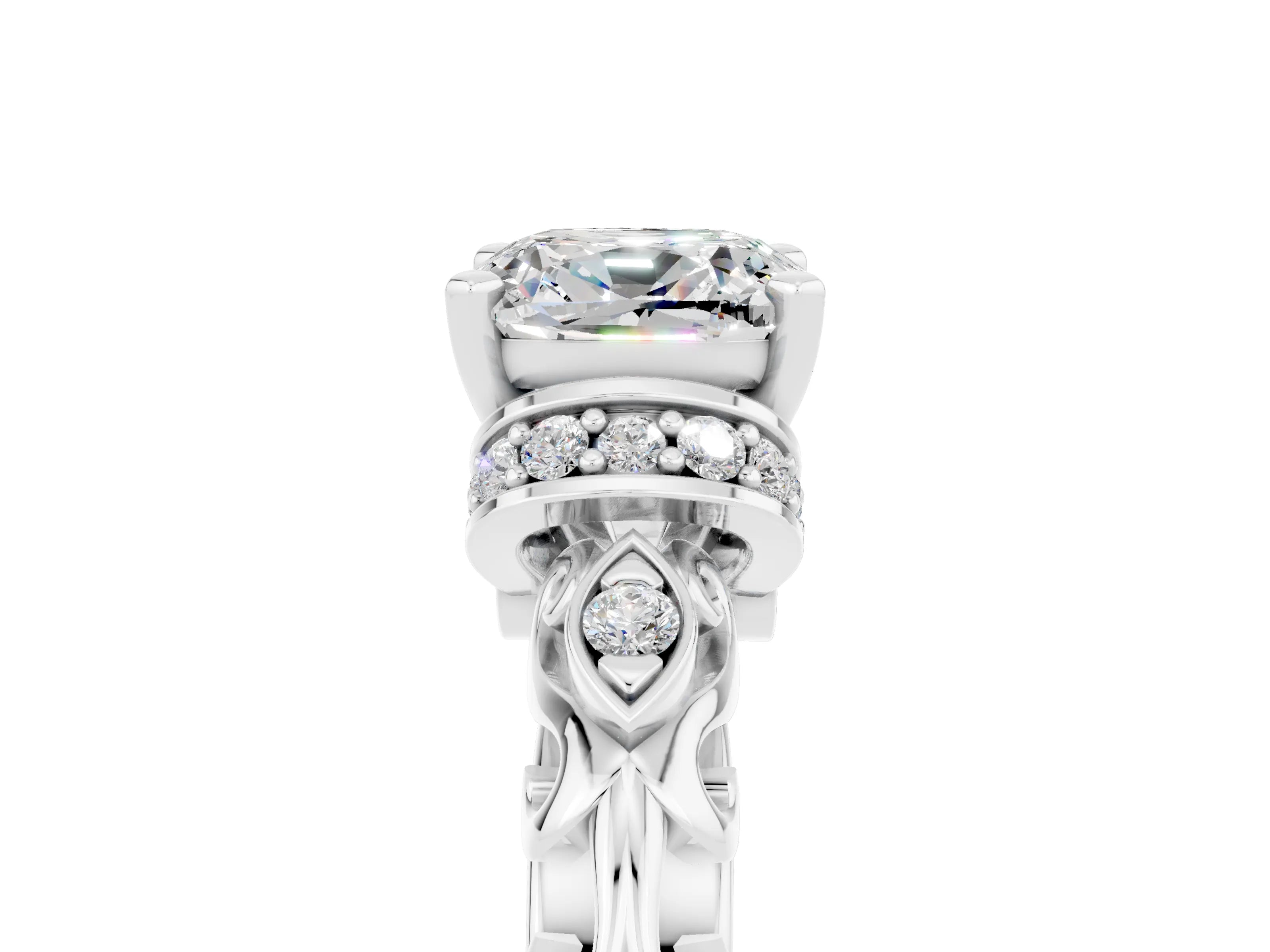 White gold Cushion Cut Moissanite Solitaire Ring with Filigree Band and Four-Prong Setting_29
