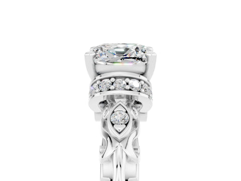 White gold Cushion Cut Moissanite Solitaire Ring with Filigree Band and Four-Prong Setting_29