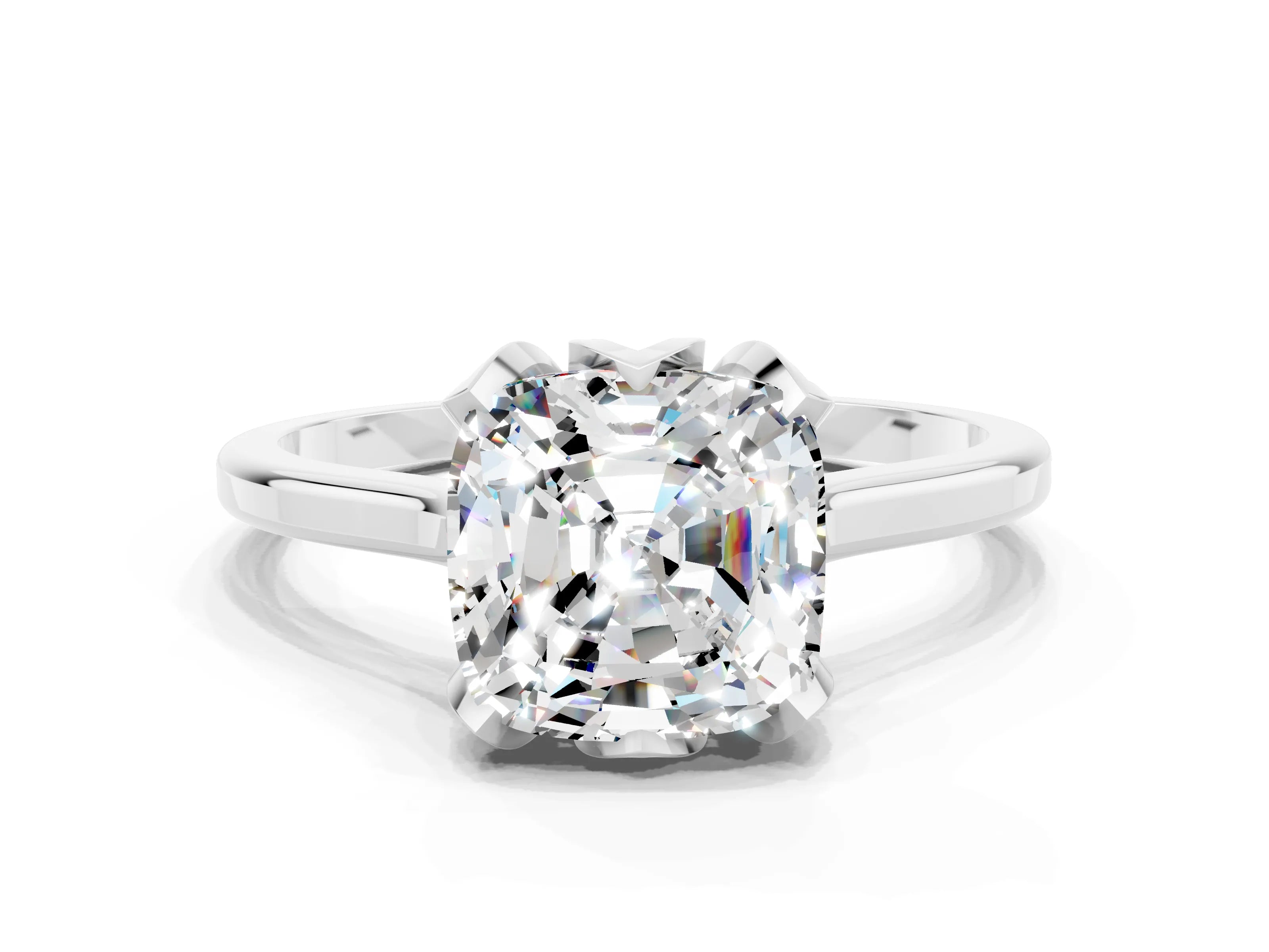 White gold Cushion Cut Moissanite Solitaire Ring with Flower Prong Setting and Classic Band_12