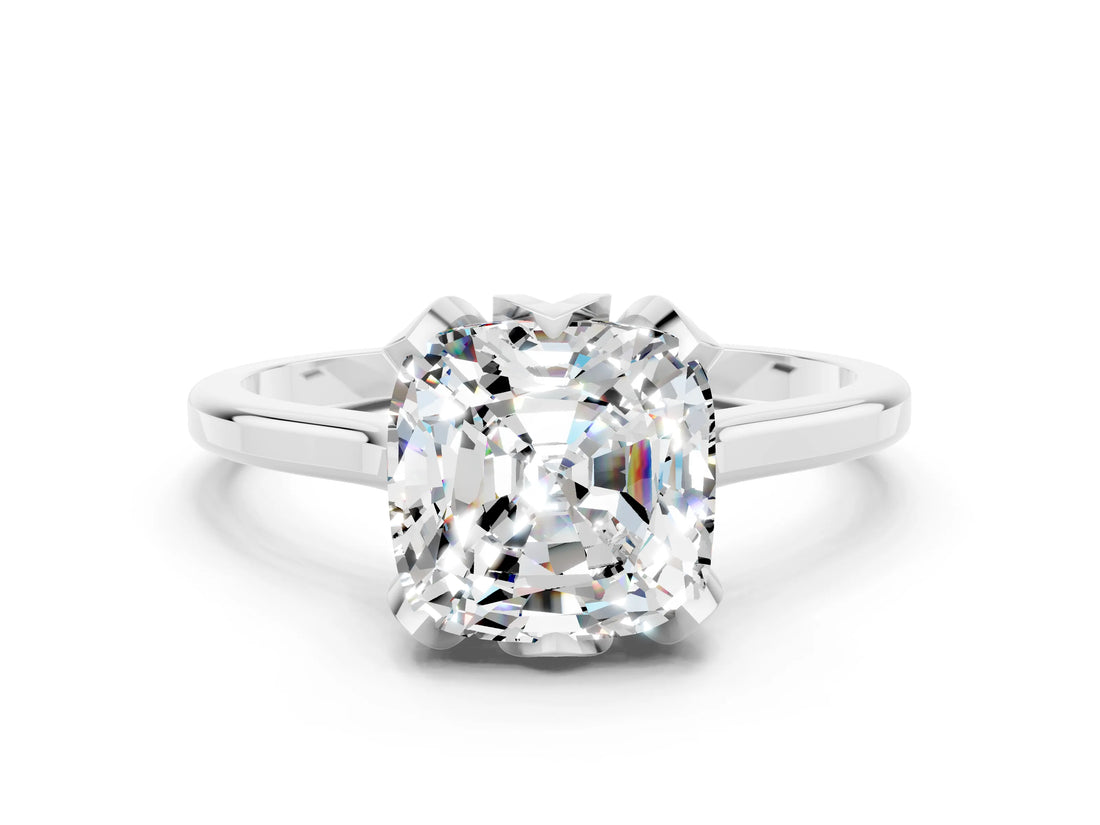 White gold Cushion Cut Moissanite Solitaire Ring with Flower Prong Setting and Classic Band_12