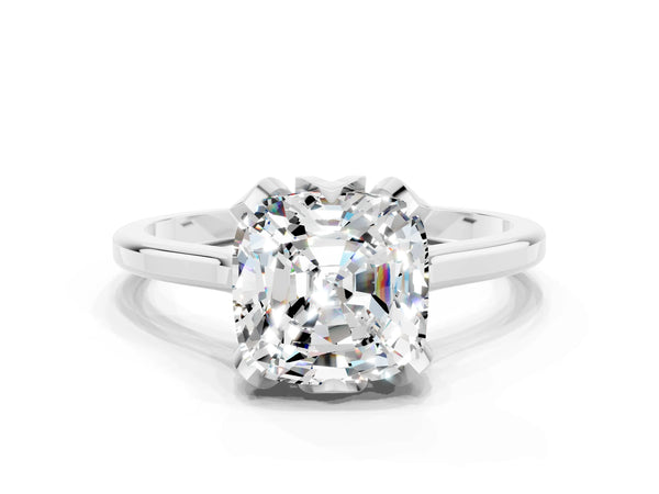 White gold Cushion Cut Moissanite Solitaire Ring with Flower Prong Setting and Classic Band