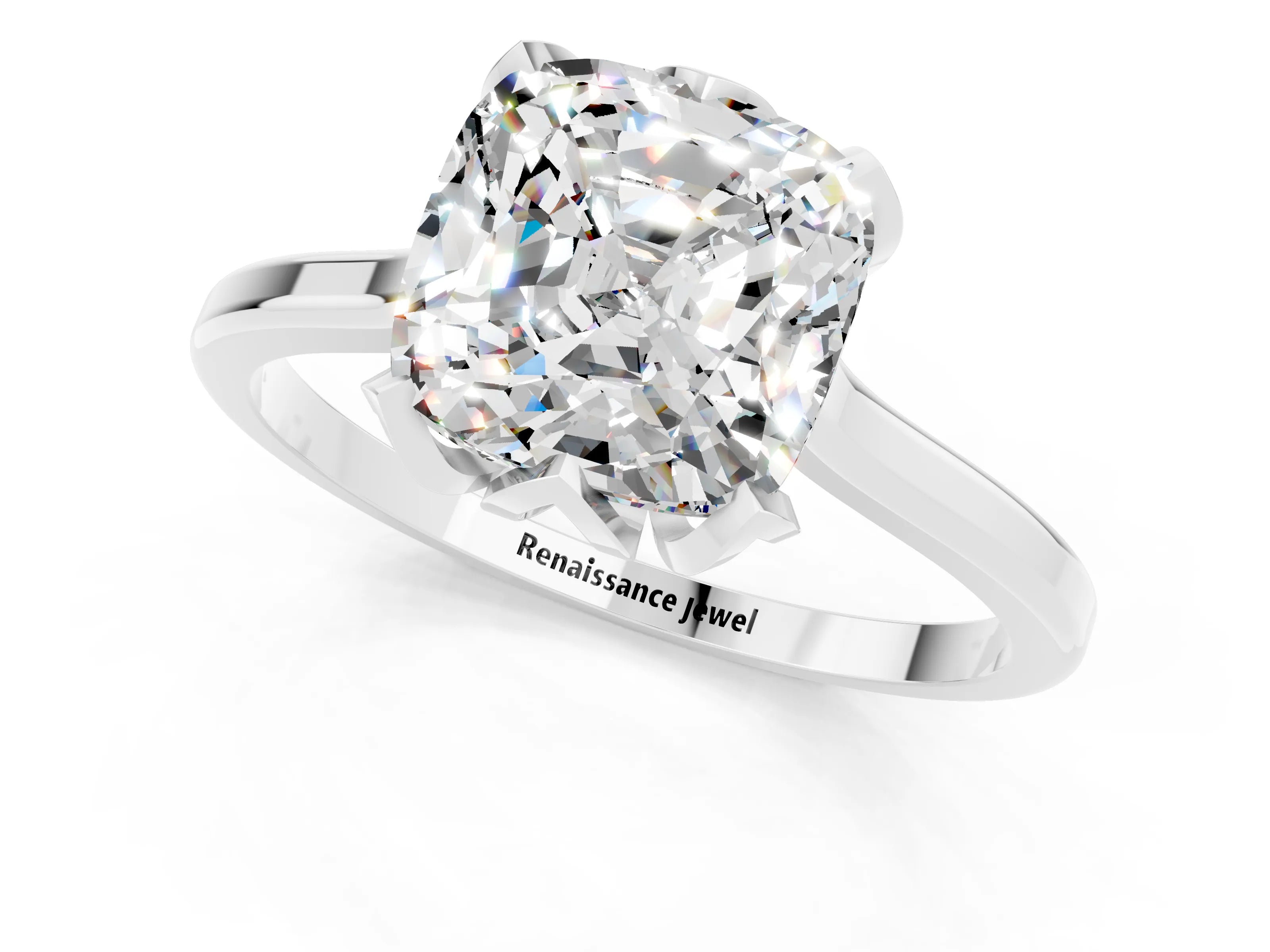 White gold Cushion Cut Moissanite Solitaire Ring with Flower Prong Setting and Classic Band_13