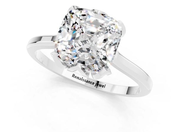 White gold Cushion Cut Moissanite Solitaire Ring with Flower Prong Setting and Classic Band
