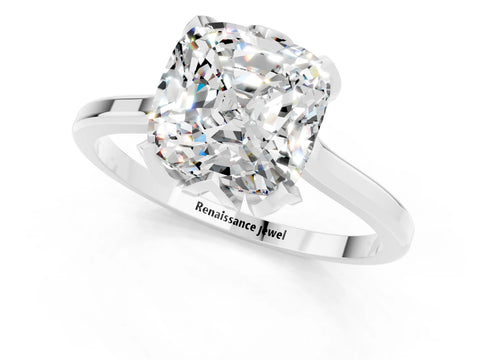 White gold Cushion Cut Moissanite Solitaire Ring with Flower Prong Setting and Classic Band_13