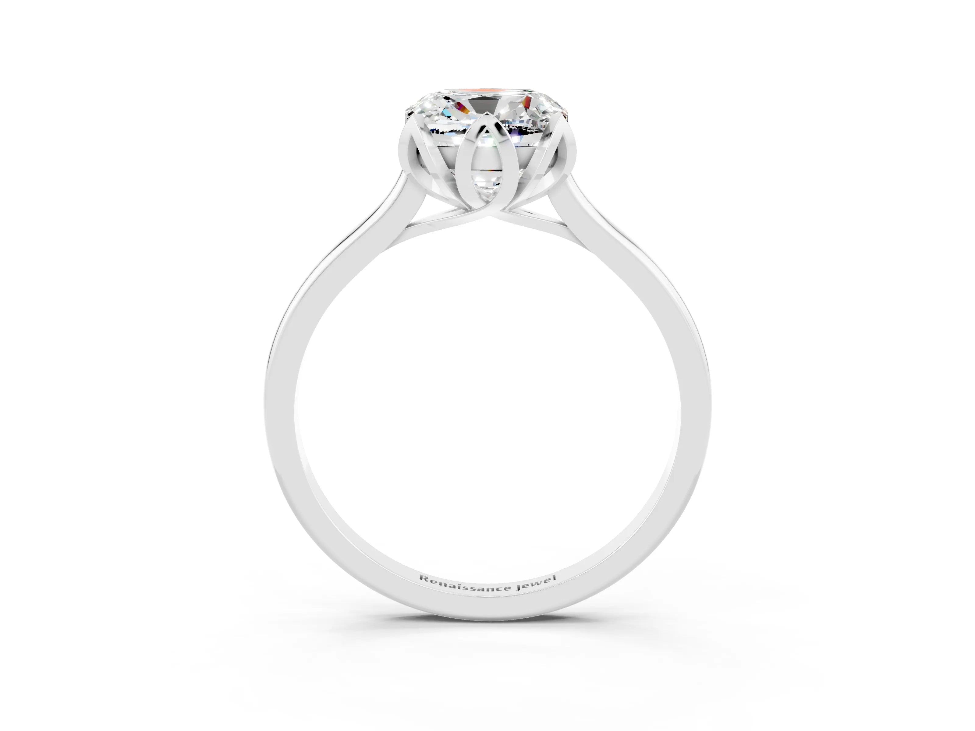 White gold Cushion Cut Moissanite Solitaire Ring with Flower Prong Setting and Classic Band_15