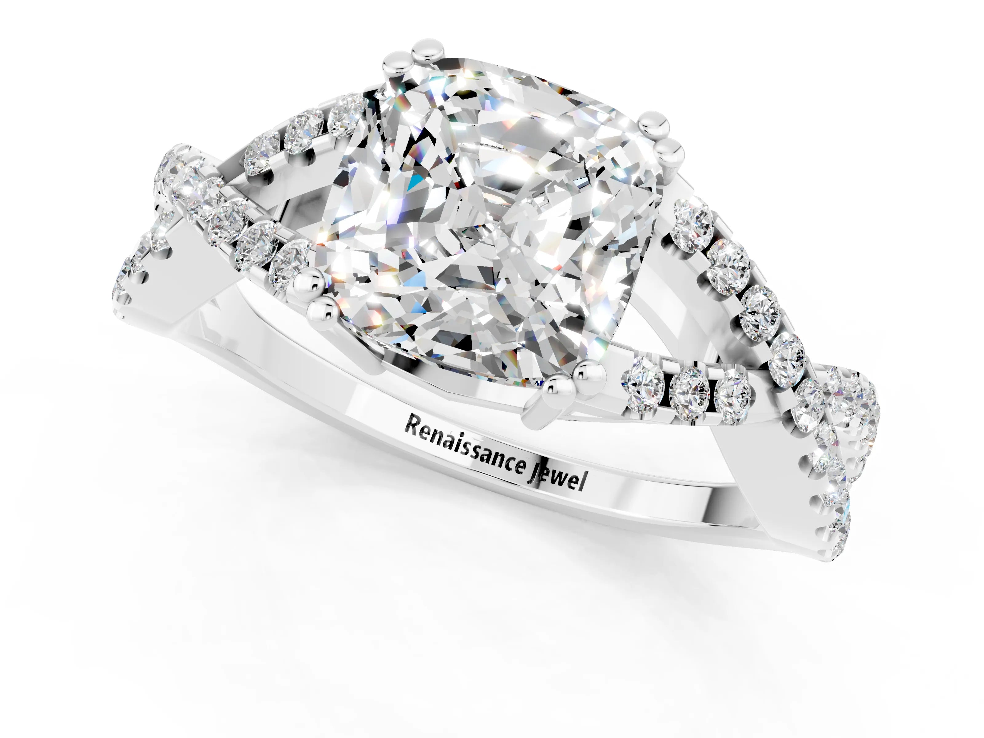 White gold Cushion Cut Moissanite Solitaire Ring with Four-Prong Setting and Twisted Pavé Band_1