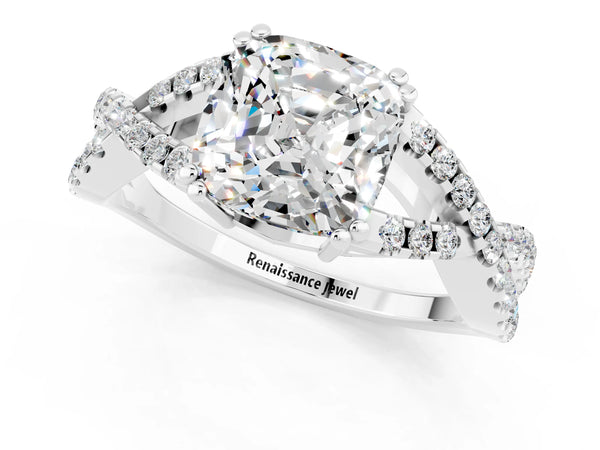 Platinum Cushion Cut Moissanite Solitaire Ring with Four-Prong Setting and Twisted Pavé Band