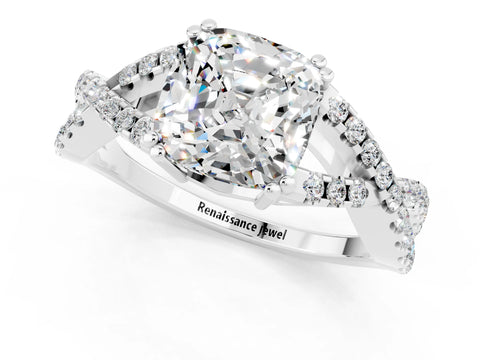 White gold Cushion Cut Moissanite Solitaire Ring with Four-Prong Setting and Twisted Pavé Band_1