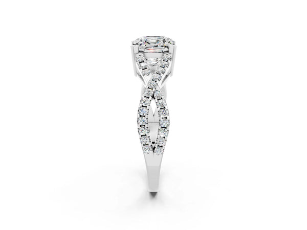 Platinum Cushion Cut Moissanite Solitaire Ring with Four-Prong Setting and Twisted Pavé Band